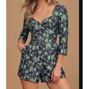 Lulus Better Off Green Multi Floral Print Jacquard Button-Up Romper Size XS